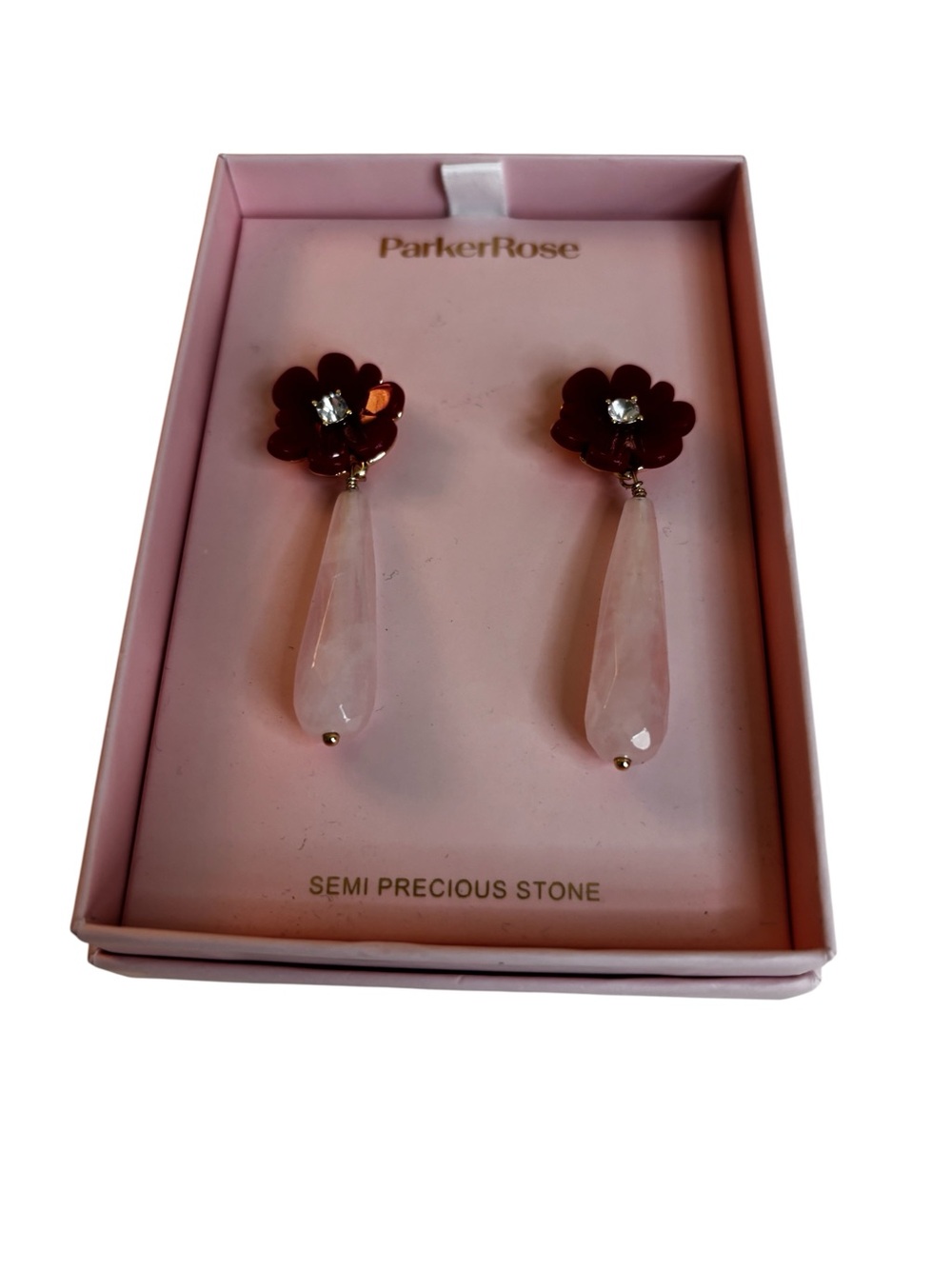 Red Resin Flower Studs w/ Center Crystal & Elongated Teardrop Rose Quartz Stone.